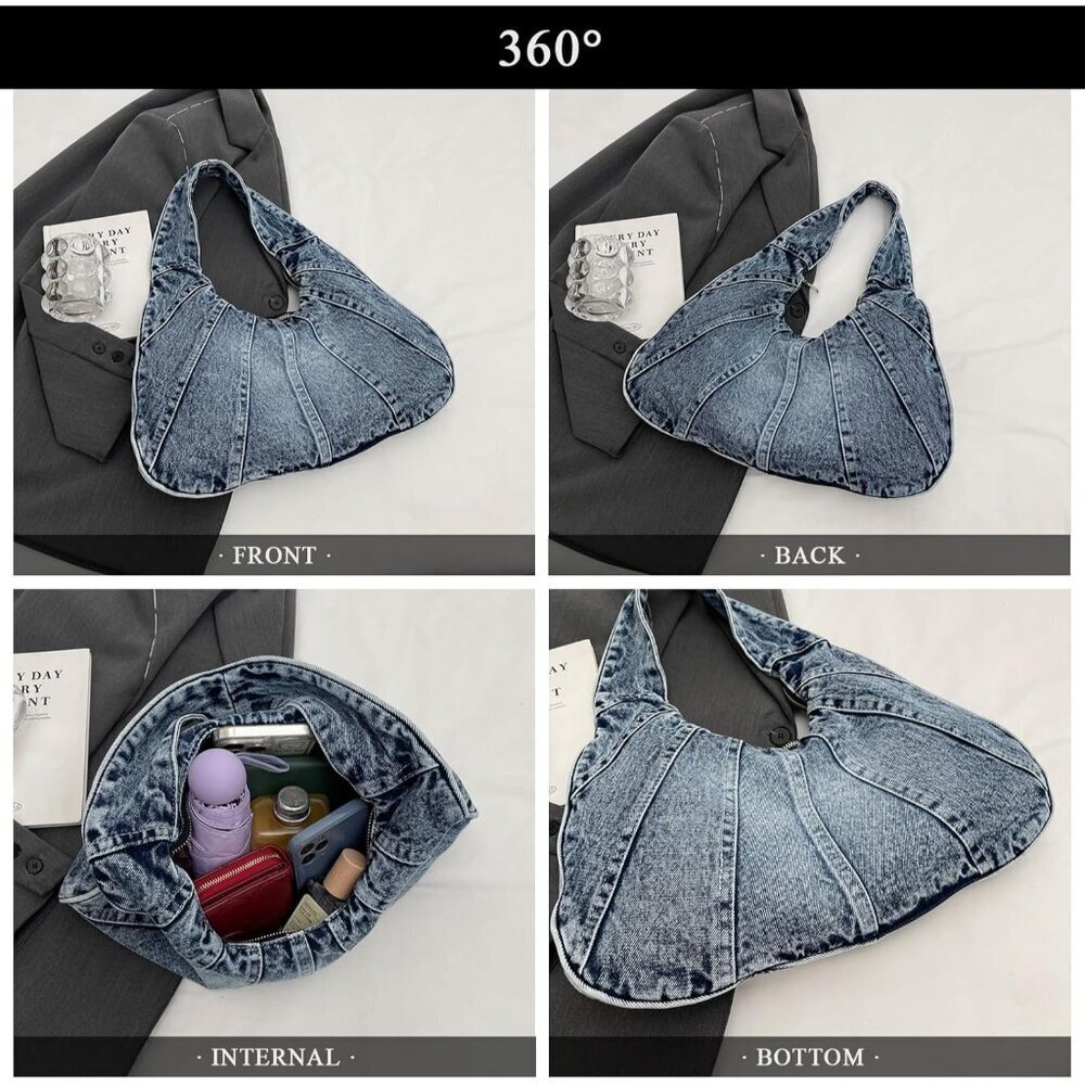Denim Hobo Tote Bag Women Zipper Closure Multi-Purpose Casual Fashion - Picture 5 of 7